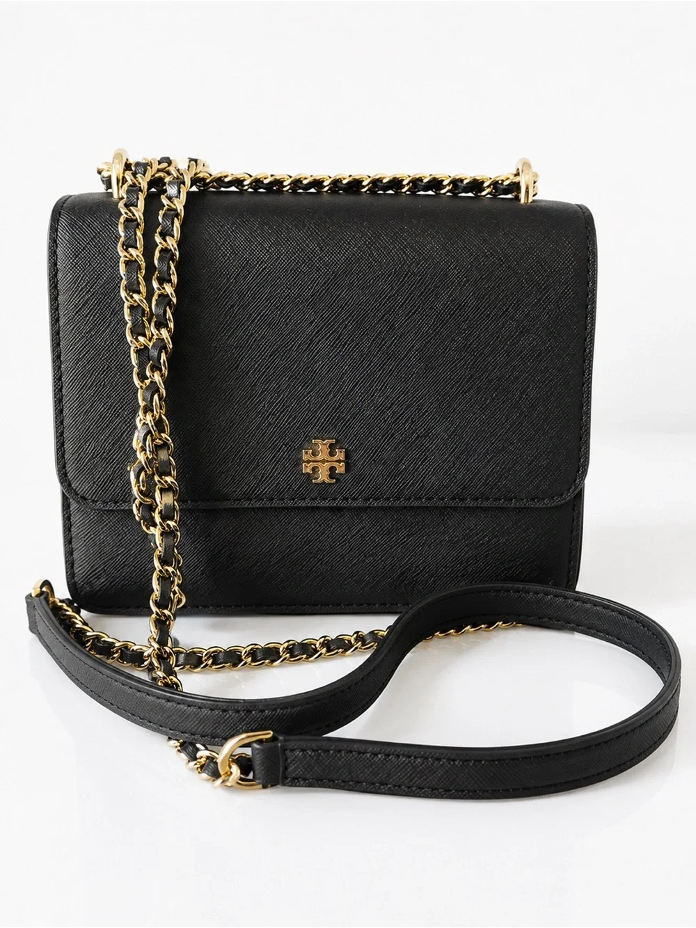 Tory Burch Black Saffiano Leather Chain Crossbody with Gold Hardware